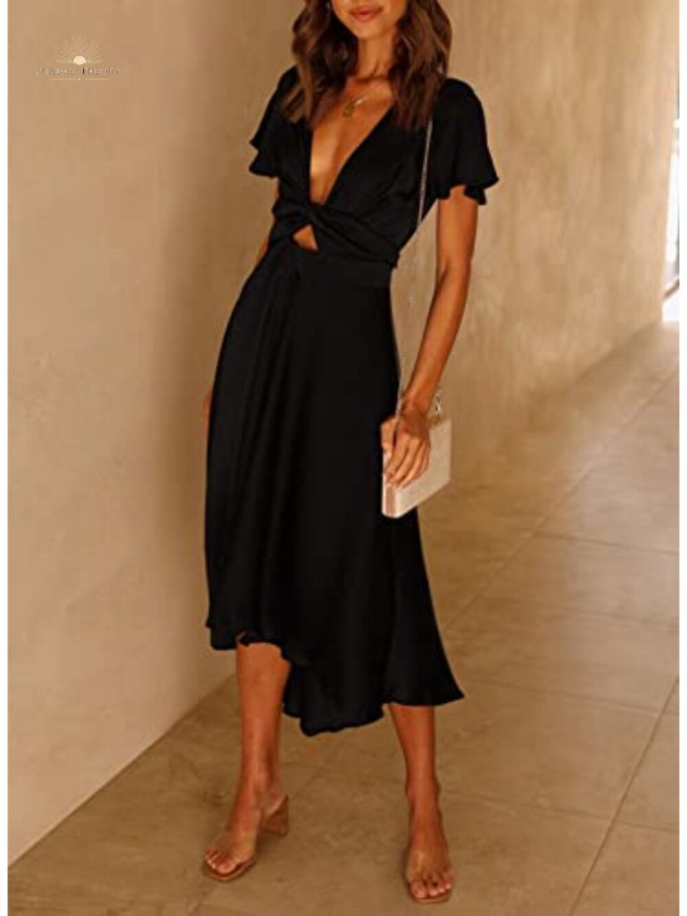 Satin V Neck Ruffle Short Sleeve Tie Front High Waist Midi A-Line Dress - Picture 4 of 5